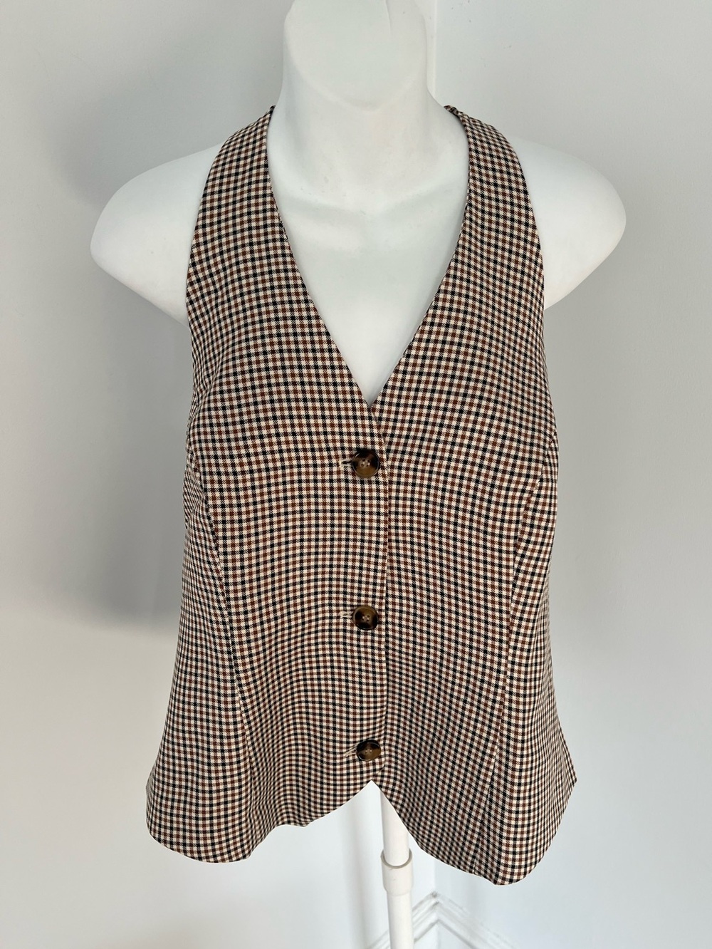 Belle Poque NWT Brown/Black/Cream Gingham Halter-Style Button Front Vest Sz. L
